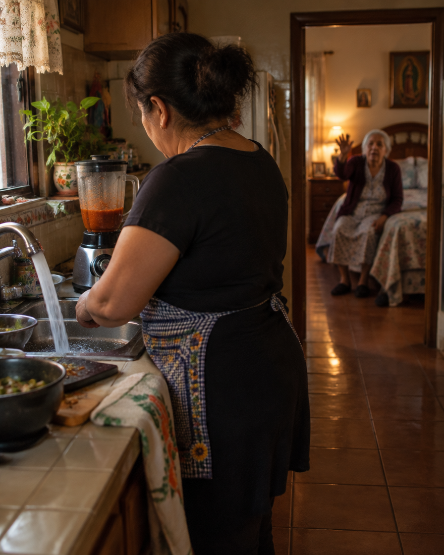 Hija cocinando sin escuchar a su mamá que la llama desde otro cuarto