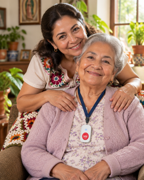 Abuela con su botón SOS y su hija abrazándola
